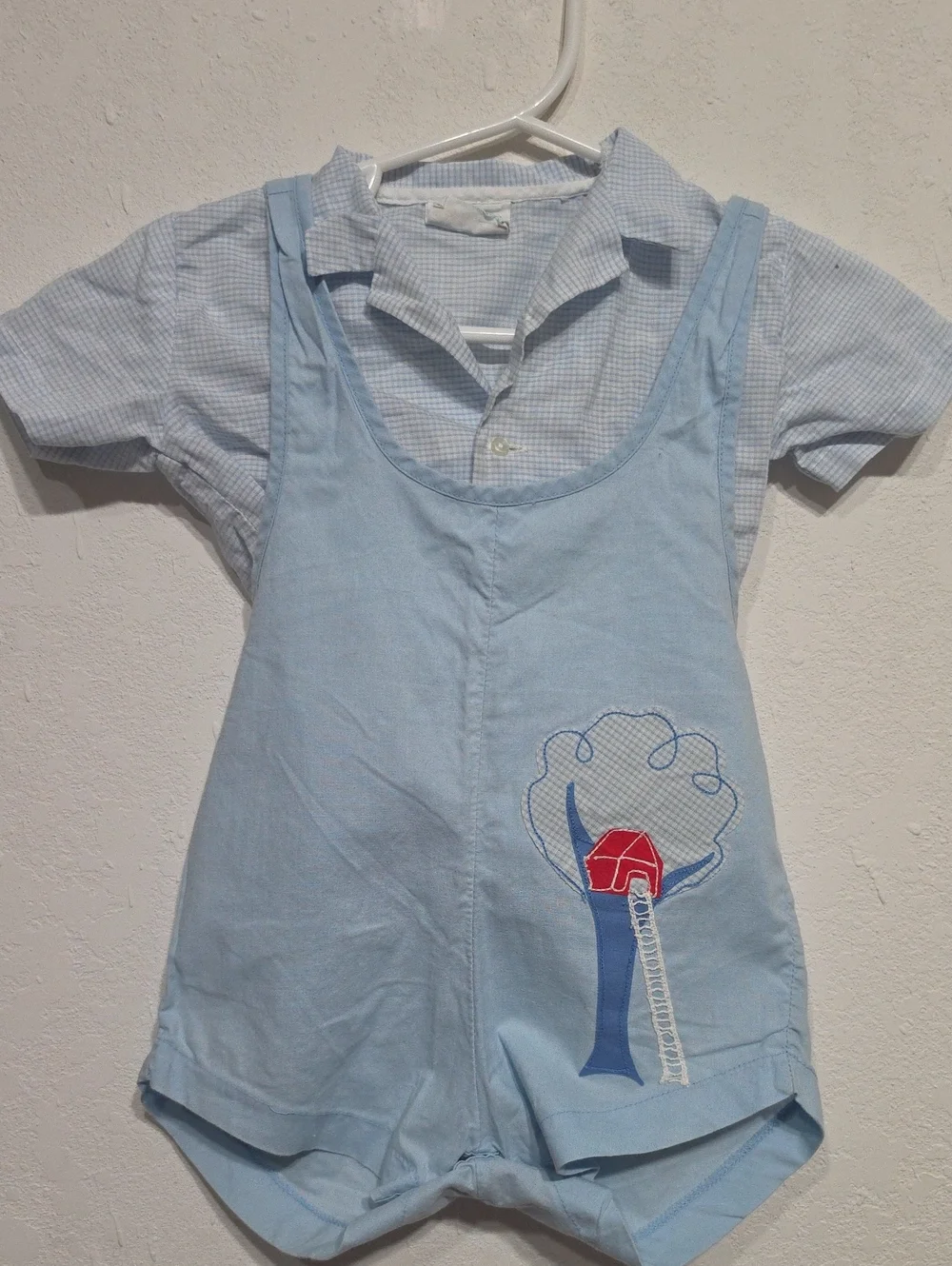 Vintage Light Blue Kids Matching Set with Treehouse Appliqué